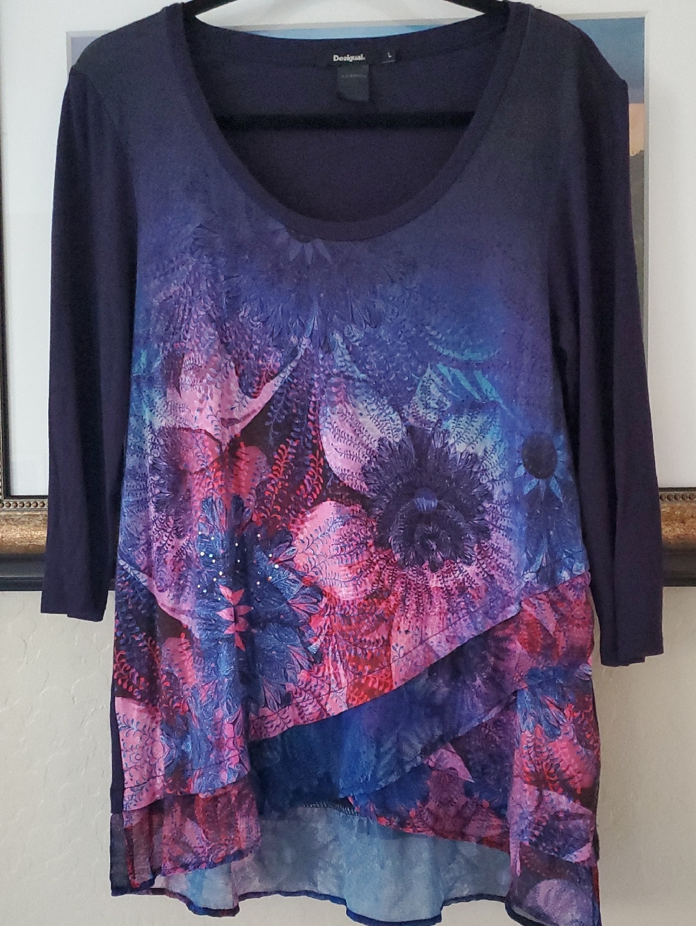 Desigual Women's Navy Purple Floral Layered Scoop Neck Top